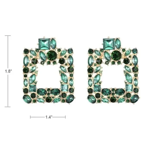 Yellow Gold with Emerald Green Crystal Geometric Square Post Back Drop Earrings